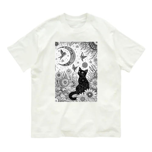 黒猫と月 オーガニックコットンTシャツ