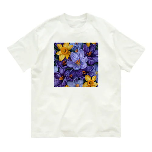 紫色のクロッカスの花　黄色のダッフォディルの花　イラスト Organic Cotton T-Shirt