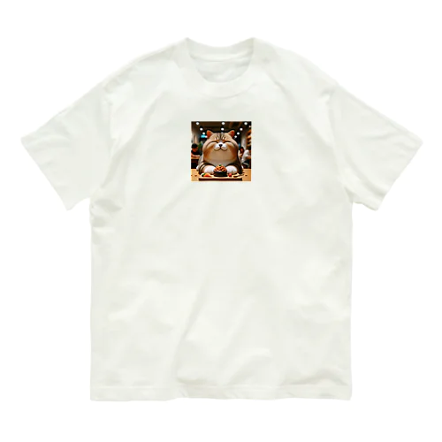 至福の食事 - 幸せな猫のディナー オーガニックコットンTシャツ