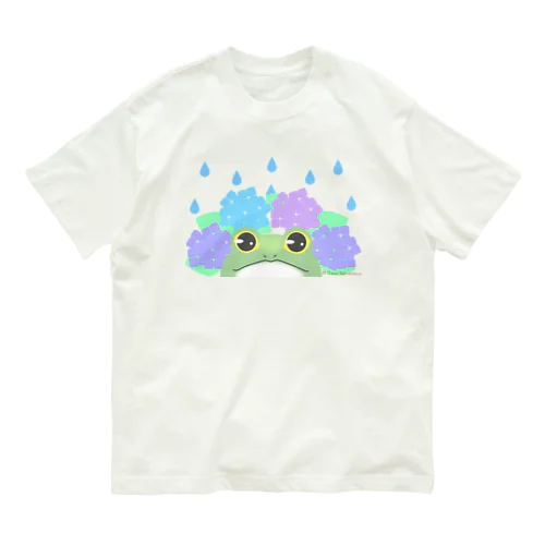 ひょっこりガエルと紫陽花 オーガニックコットンTシャツ