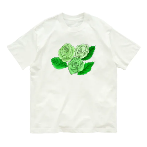 緑のバラ3輪 輪郭黒線 Organic Cotton T-Shirt