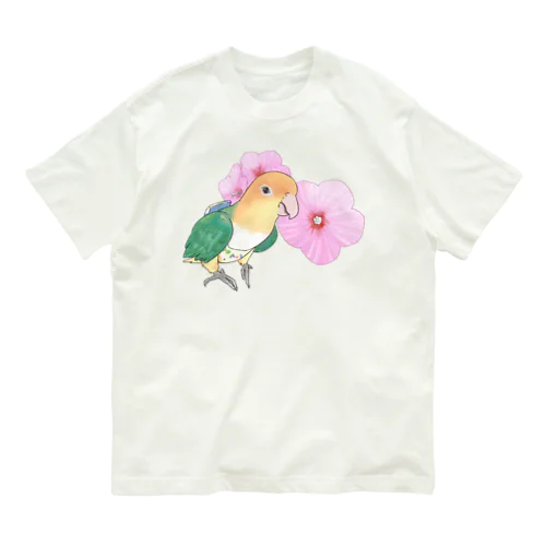 お花とシロハラインコちゃん【まめるりはことり】 オーガニックコットンTシャツ