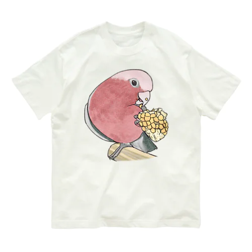 モモイロインコちゃんとトウモロコシ【まめるりはことり】 オーガニックコットンTシャツ