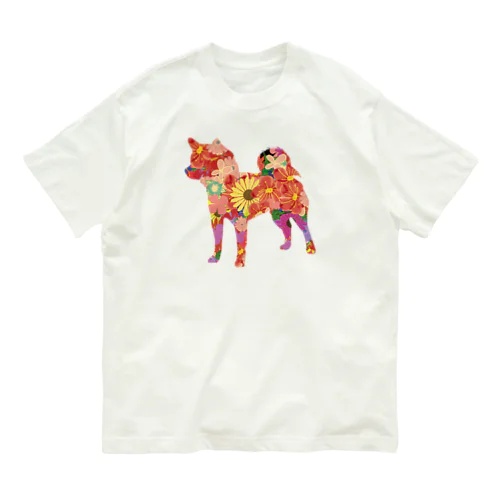 可愛い花々柴犬 オーガニックコットンTシャツ