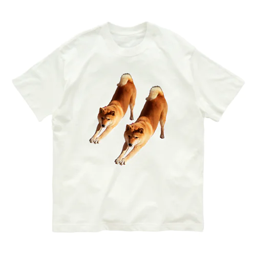 ストレッチ柴犬さんたち(お二人バージョン) オーガニックコットンTシャツ