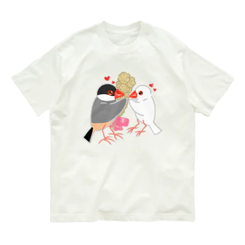 粟穂をプレゼント 桜&白文鳥 オーガニックコットンTシャツ