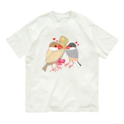 粟穂をプレゼント シルバー&シナモン文鳥 オーガニックコットンTシャツ