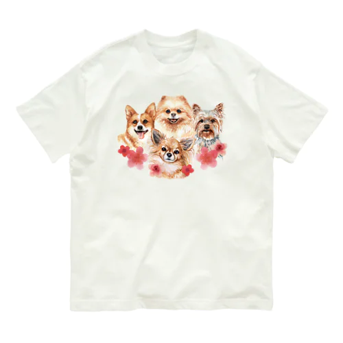 お花の似合う小さい犬たち。 オーガニックコットンTシャツ
