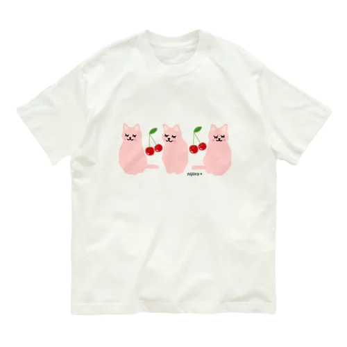 おすましキュートな猫ちゃんとサクランボ  ピンクカラー Organic Cotton T-Shirt