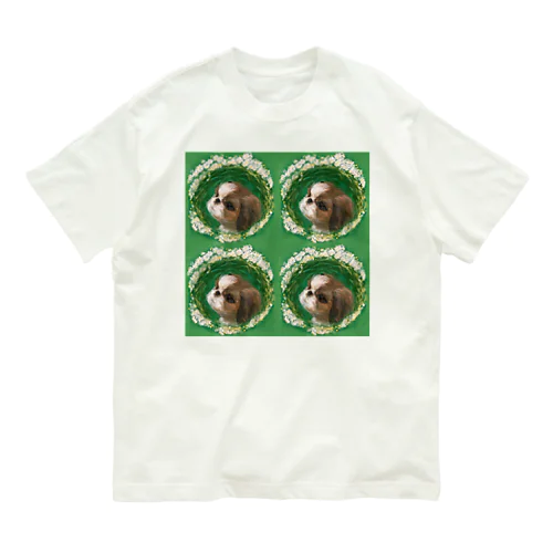 かわいいシーズー 犬と雪柳のフラワーリース Organic Cotton T-Shirt