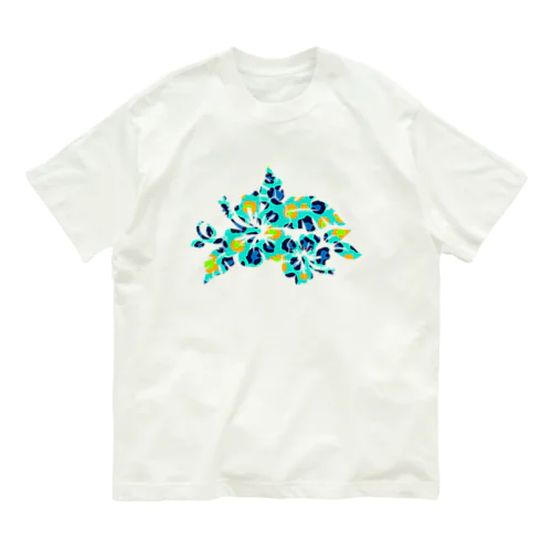 カラフルハイビスカス（青） オーガニックコットンTシャツ