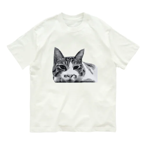 キジトラハチワレ白猫さん〜モノクロver オーガニックコットンTシャツ