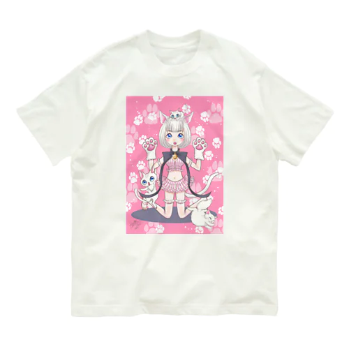 白猫 みゃおーん ♪肉球つき Organic Cotton T-Shirt