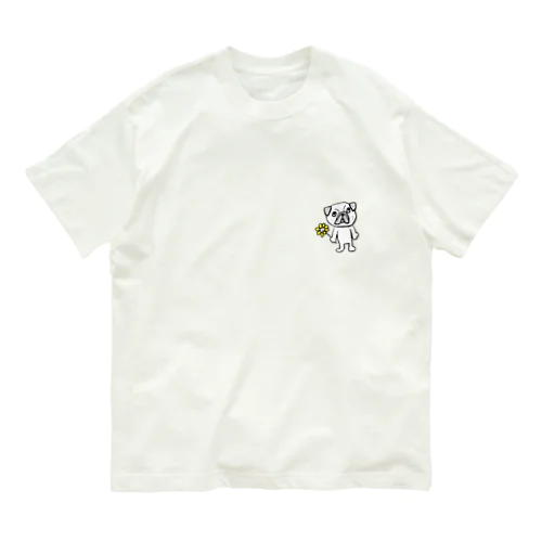 花とパグ　ワンポイント オーガニックコットンTシャツ