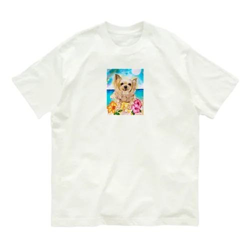 ヨーキー常夏ハイビスカス オーガニックコットンTシャツ