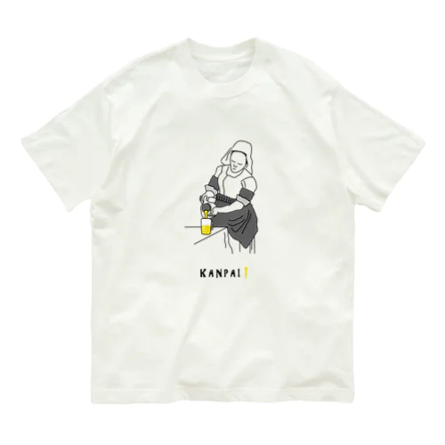 名画 × BEER（牛乳を注ぐ女）黒線画 オーガニックコットンTシャツ