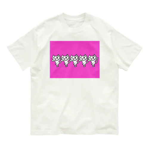 踊るネコネコシリーズ（白ネコ×ビビッドピンク） オーガニックコットンTシャツ