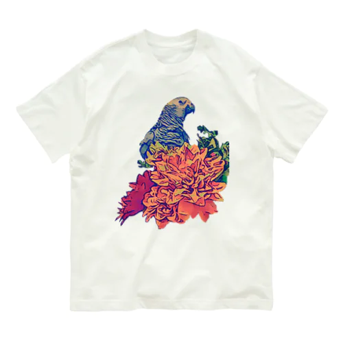 ヨウムと花 オーガニックコットンTシャツ