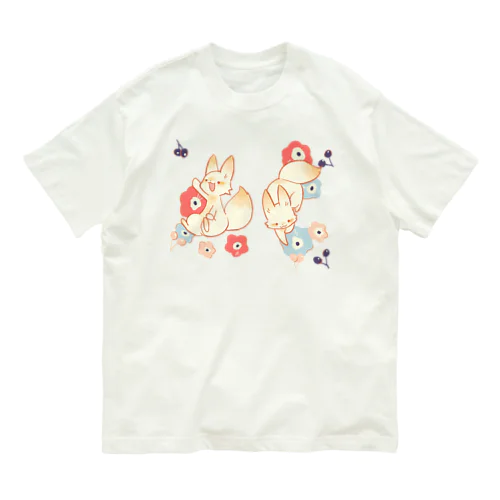 狐とお花 オーガニックコットンTシャツ