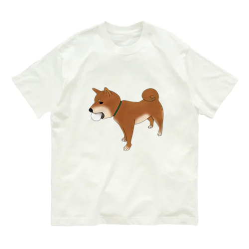 口いっぱいボールの柴犬 オーガニックコットンTシャツ