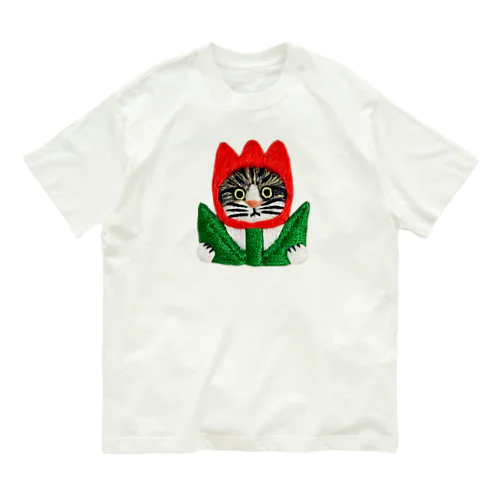 かぶる猫[チューリップ(赤色)ver.](キジ白猫) オーガニックコットンTシャツ