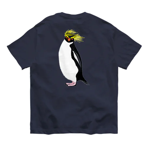 風に吹かれるイワトビペンギンさん(文字無しバージョン) バックプリント オーガニックコットンTシャツ