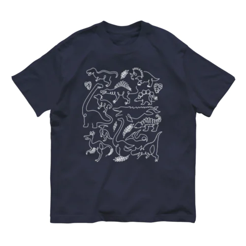 一筆恐竜A(WhiteLine) オーガニックコットンTシャツ