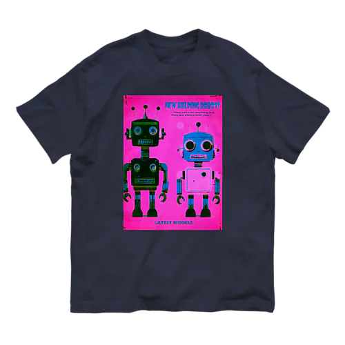 2機のレトロなお手伝いロボット/ピンク地 オーガニックコットンTシャツ