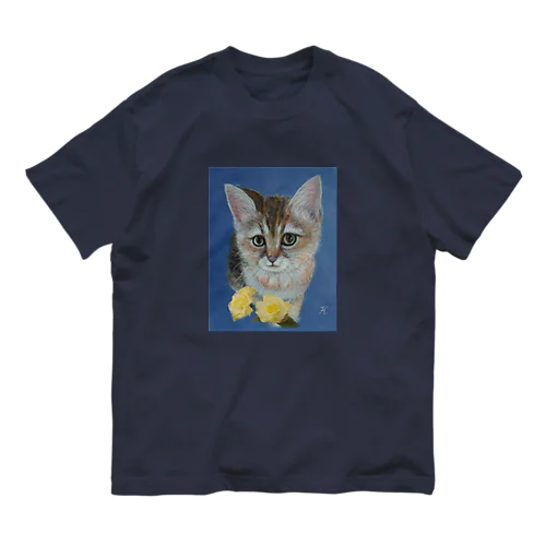 仔猫と幸せの黄色いバラ オーガニックコットンTシャツ