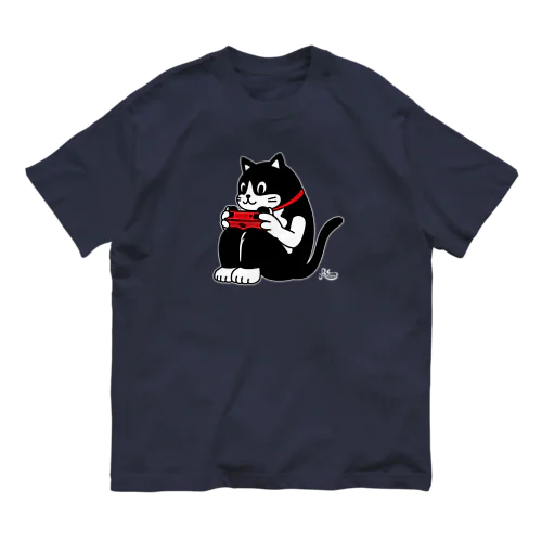 猫背ゲーマー(濃色用・白フチ) オーガニックコットンTシャツ