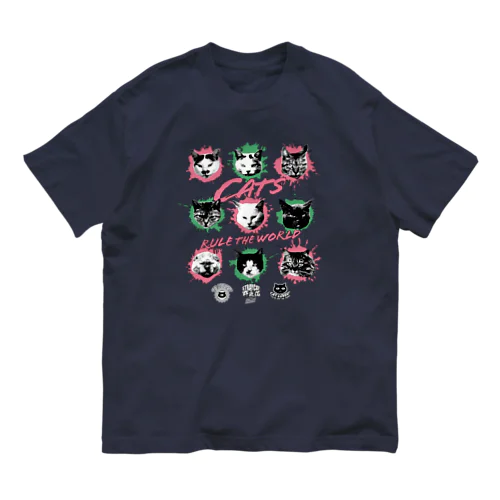 猫が世界を支配する9FACES（桃） オーガニックコットンTシャツ