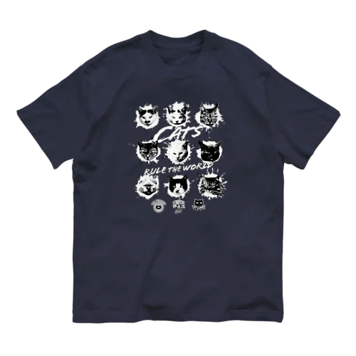 猫が世界を支配する9FACES（黒） オーガニックコットンTシャツ