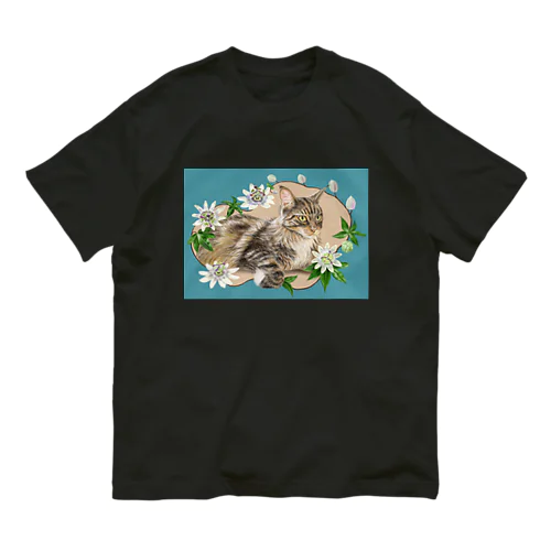 🌼花と猫😸　トケイソウ オーガニックコットンTシャツ
