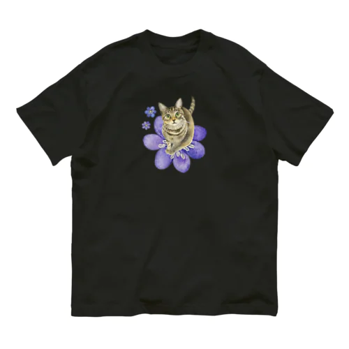 キジトラくんミスミソウに乗る Organic Cotton T-Shirt