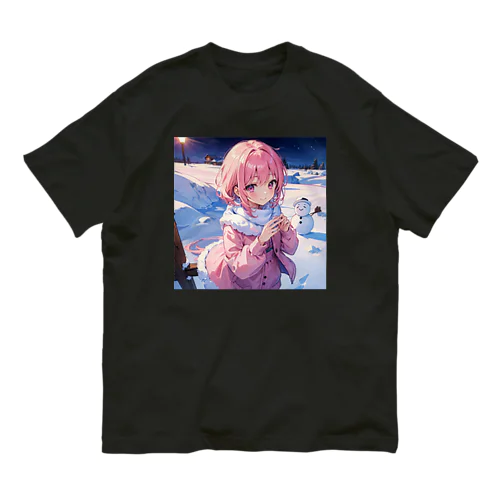 ピンク髪っ娘は雪だるま作りにご満悦!⛄ オーガニックコットンTシャツ