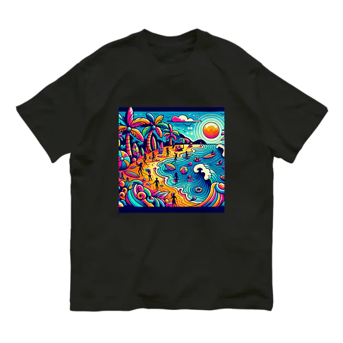 海岸が可愛く描かれた オーガニックコットンTシャツ