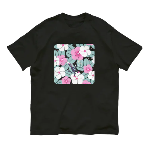ニチニチソウスリッパネコ(お好み背景色) Organic Cotton T-Shirt