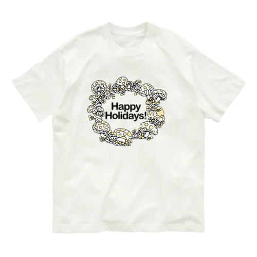 きのこリン　ぱ〜と1　#HappyHolidays オーガニックコットンTシャツ