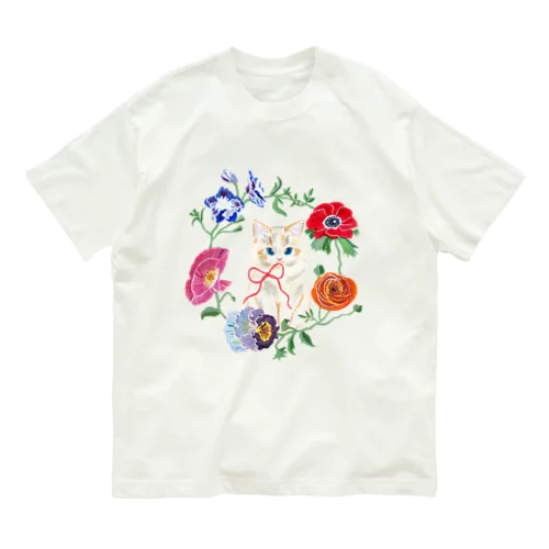 Spring flower&Cat オーガニックコットンTシャツ