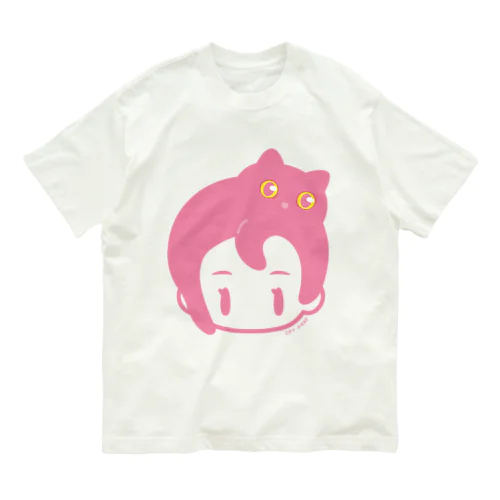 ねこあたま｜ピンク オーガニックコットンTシャツ