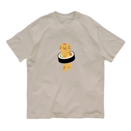 【中】太巻きを自らに巻きつけて運ぶねこ オーガニックコットンTシャツ