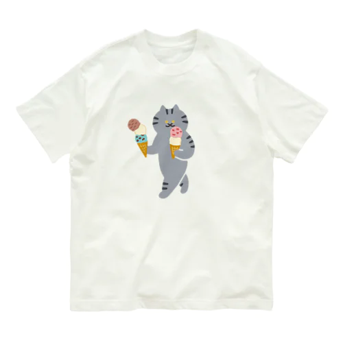 【大】アイスクリームを慎重に運ぶねこ Organic Cotton T-Shirt