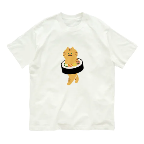 【大】太巻きを自らに巻きつけて運ぶねこ オーガニックコットンTシャツ