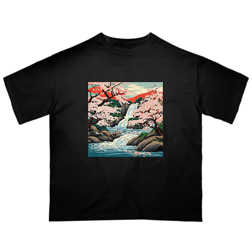 日本の風景、滝と桜　Japanese scenery、Waterfall and cherry blossoms オーバーサイズTシャツ