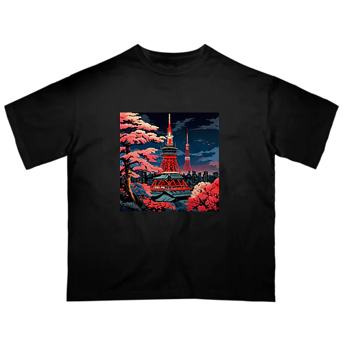 日本の風景　東京タワー、Jpanese scenery Tokyo Tower オーバーサイズTシャツ