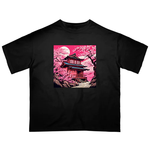 日本の風景　古民家と満開の桜 オーバーサイズTシャツ