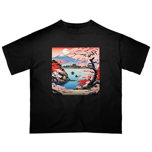 日本の風景　富士山と桜が映える湖畔、Jpanese scenery Lakeside where Mt. Fuji and cherry blossoms shine Oversized T-Shirt