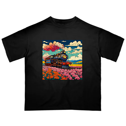 日本の風景:花畑の中をはしるSL 蒸気機関車、Japanese senery: SL steam locomotive running through a flower field Oversized T-Shirt