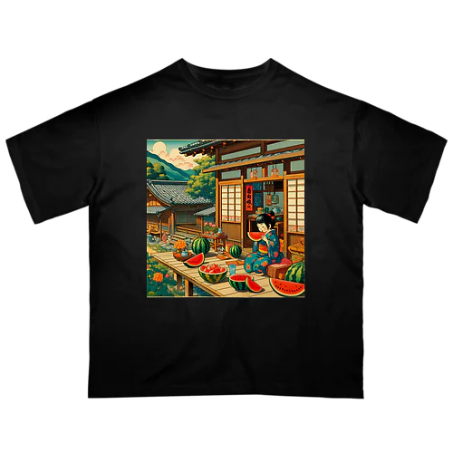 日本の風景:縁側でスイカを食べる オーバーサイズTシャツ