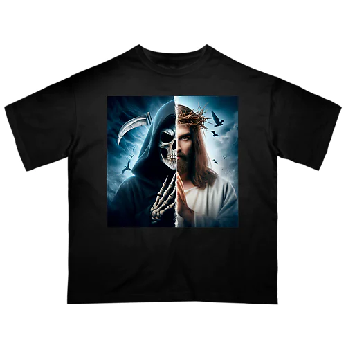 命を司る死神と愛と慈悲を象徴するキリスト、対照的な魅力が交錯する一枚 オーバーサイズTシャツ